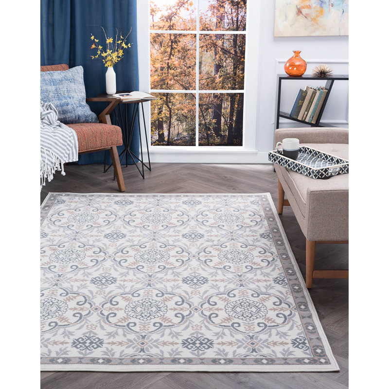 Hoban Oriental Scroll Cream/Gray/Blue Indoor Area Rug for Living Room, Bedroom, Dining Room, Rectangle 5' x 7'