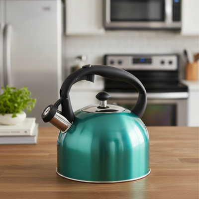 Théière bleu sarcelle 2,4 qt, acier inoxydable de base, poignée sifflante ergonomique