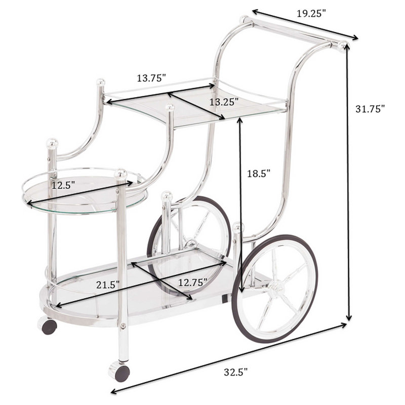 Chariot de service chromé à 3 niveaux avec roulettes