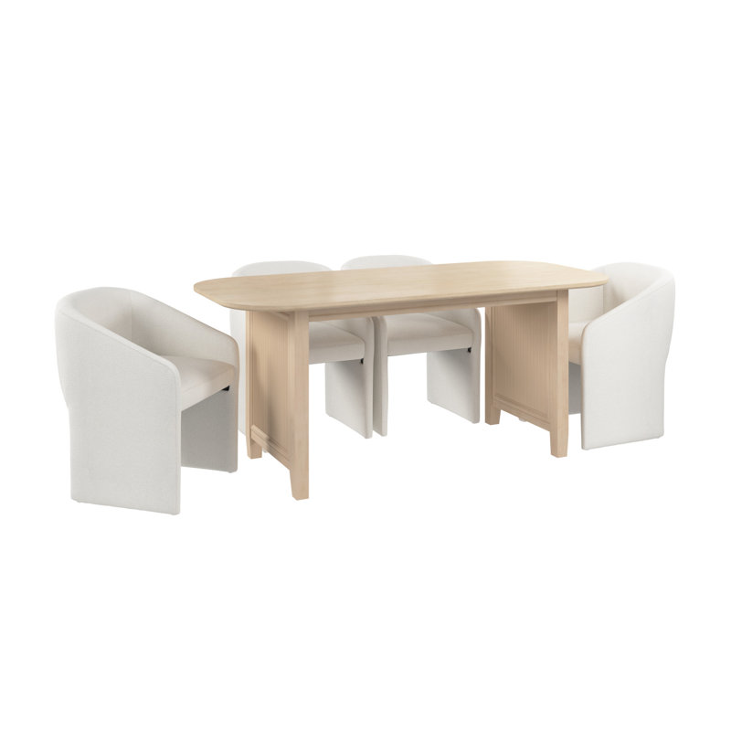 Fluted Base 71W Dining Table With Upholstered Barrel Dining Chairs, Dining Room Furniture, 5 Pieces: Table, 4 Chairs