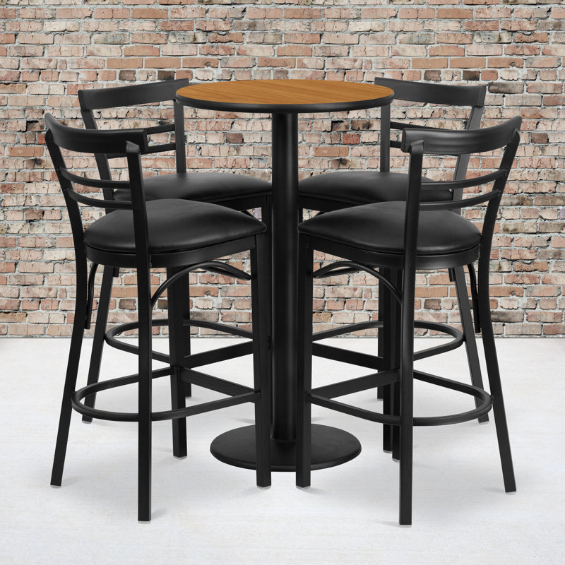 Naro 24'' Round Laminate Table Set with Round Base and 4 Ladder Back Metal Barstools, Natural, Black Faux Leather