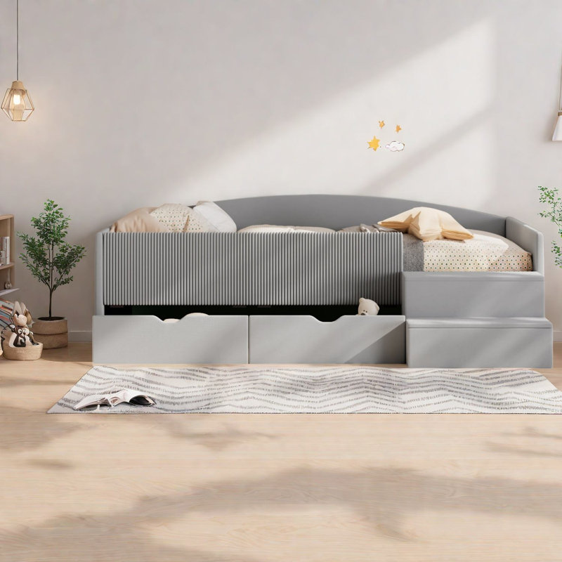 Lits avec rangement, structure en bois aggloméré velours simple, chambre d'enfant moderne