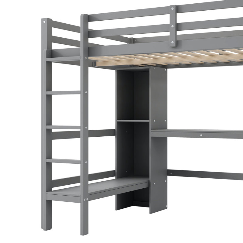 Lit mezzanine pleine grandeur gris avec bureau de fabrication de savon sous le lit et tablettes multifonctionnelles, lignes épurées, style moderne rustique en terre cuite Complement Home, garde-corps hauts