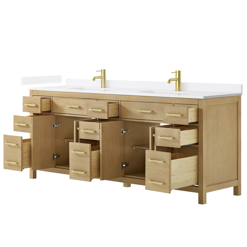 Beckett 84" Freestanding Double Bathroom Vanity with Quartz Top, Whitewashed Oak, Brushed Gold, White Quartz