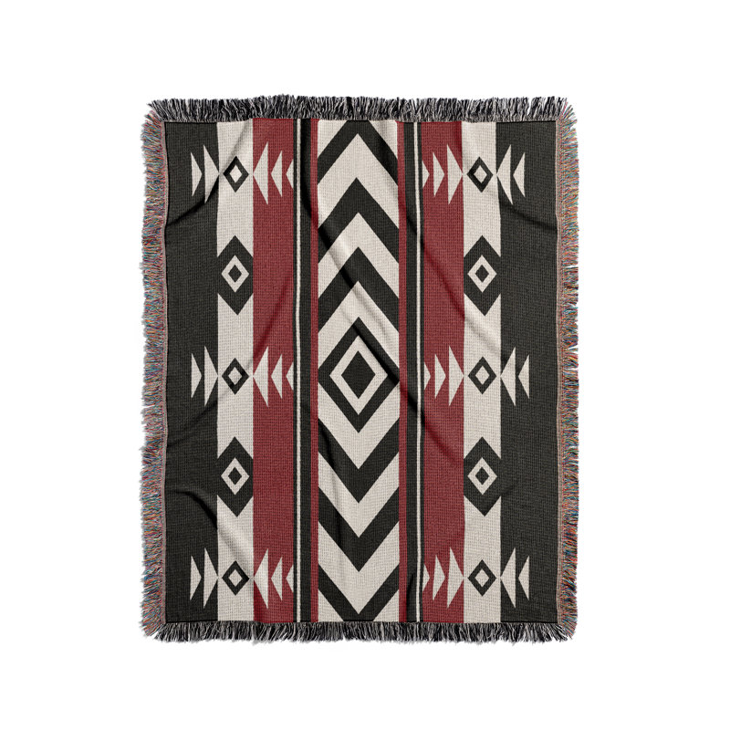 Couverture en mélange de coton Fika South Western, Rouge / noir / blanc cassé, L 70 po x l 50 po