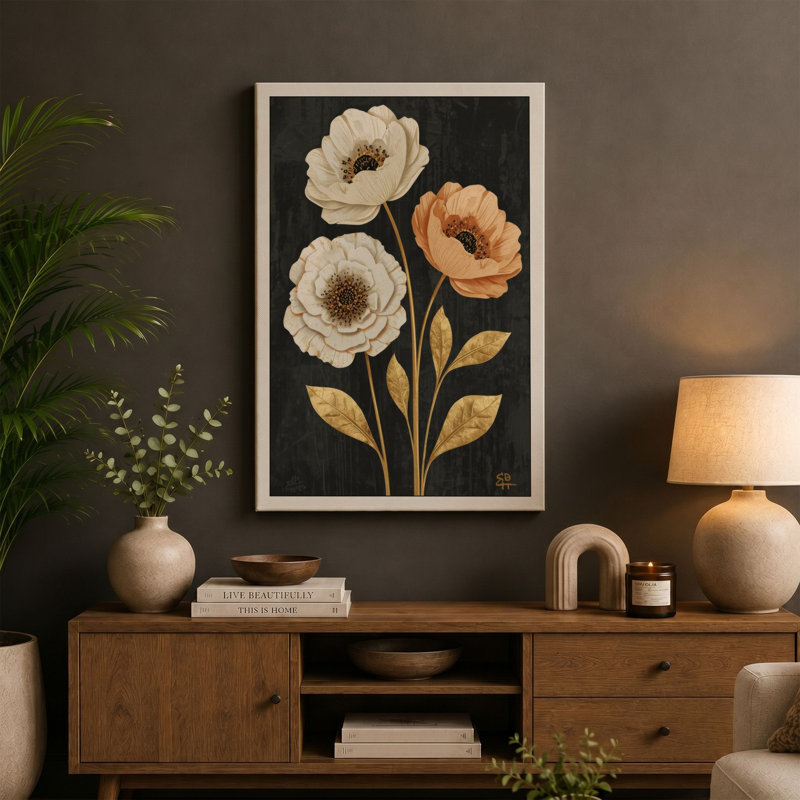 Three Blooms Botanical - Wrapped Canvas, Terracotta Border, 30x20 - 76.2 x 50.8 cm