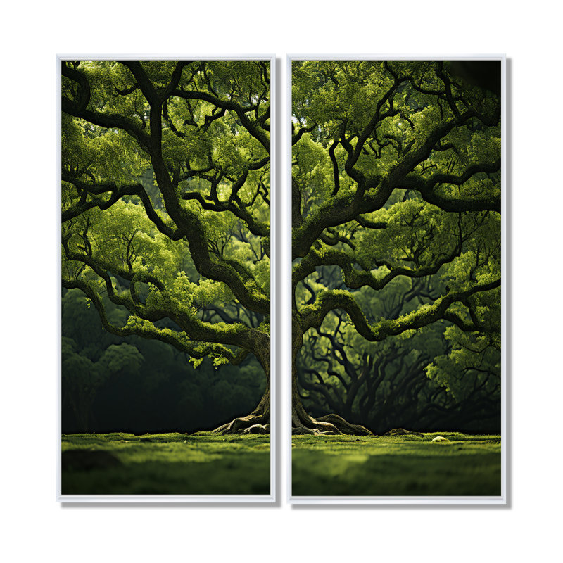 Chêne vert, puissance de la forêt - art mural vert, H 20 po x l 24 po, Impression encadrée flottante, Blanc