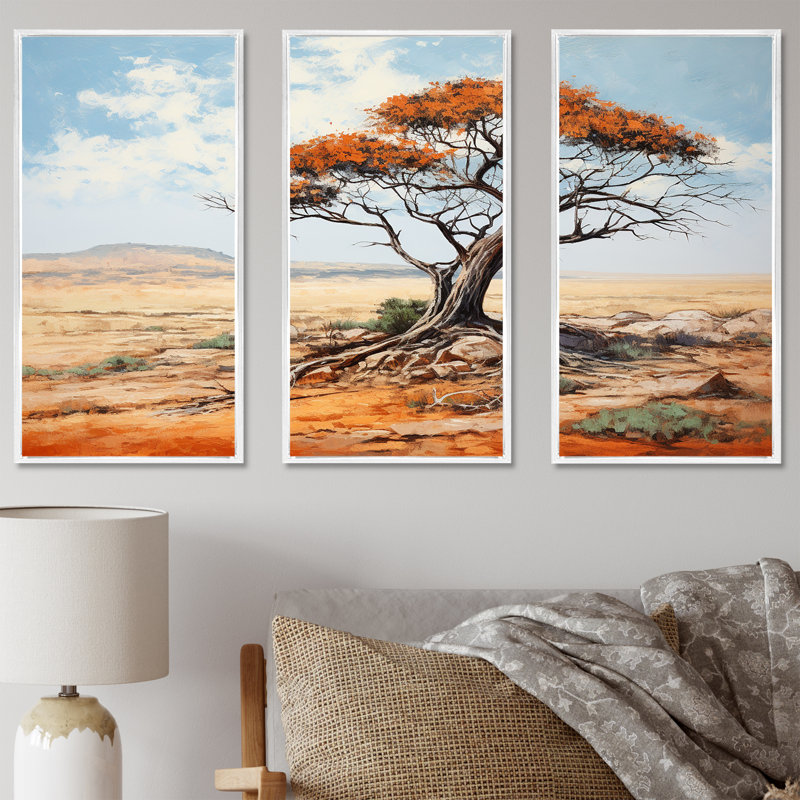 «African Desert Tree Survivor» - Art mural africain, H 28 po x l 36 po x P 1 po, Cadre flottant blanc