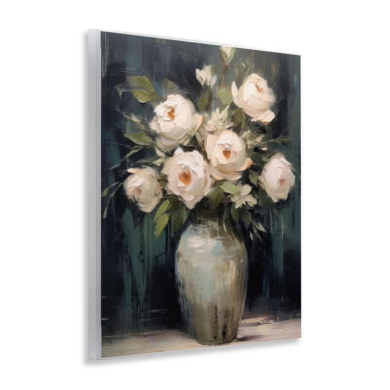 Roses blanches dans un vase foncé, plaque par LSR Creative Studio