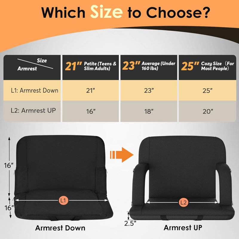 Charnetta 25In Heated Stadium Seat for Bleachers with Back Support, Portable Bleacher Seat USB 3 Levels of Heat, Black, 2