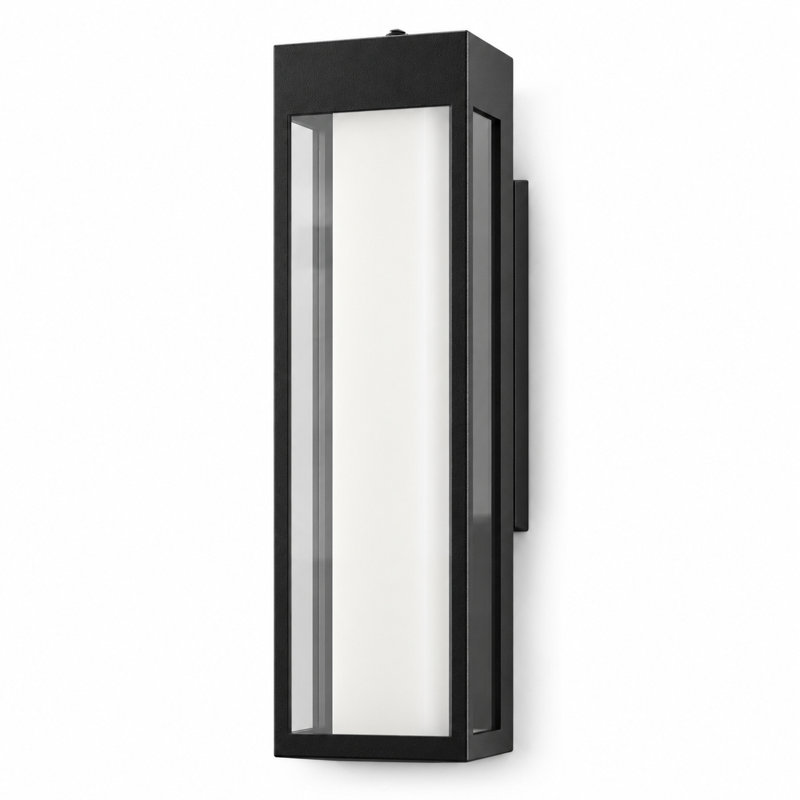 1 - Applique murale extérieure moderne DEL 20''H, carrée/rectangulaire, en fer noir mat, avec détecteur crépusculaire.