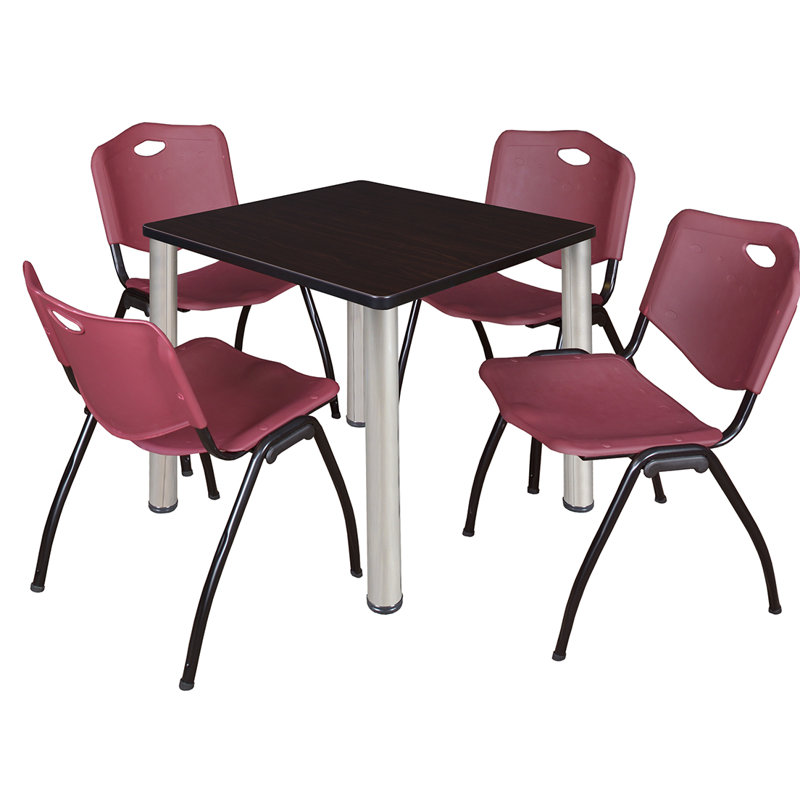 Plateau de table Kee Square, 4 chaises empilables, H 42 po x l 29 po x P 29 po, Chrome, Acajou