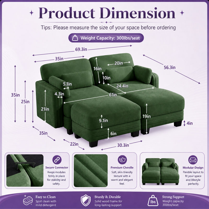Canapé d'angle modulaire Gatton Channel capitonné, canapé 2 places en chenille avec 2 poufs amovibles, coussins d'assise en mousse haute résilience, design ergonomique incurvé