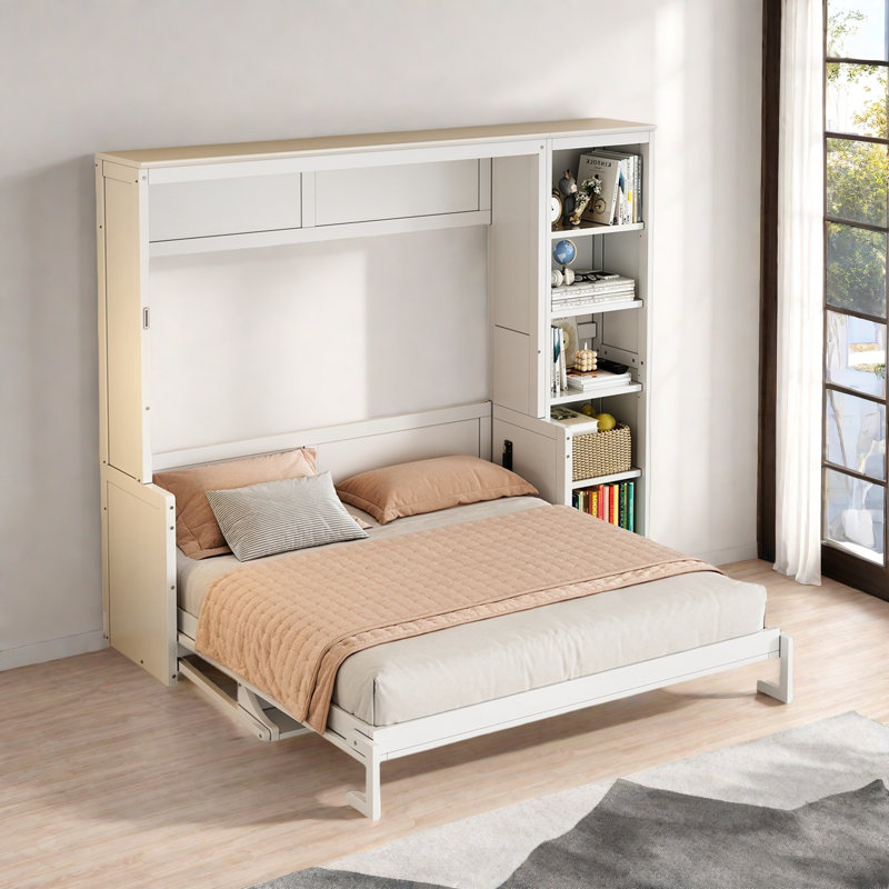 Lit escamotable avec bureau et tablettes Murphy, Grand lit, Blanc