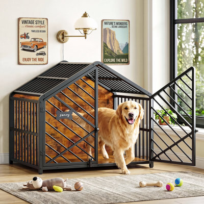35.4" Dog Crate Furniture with Roof-shape and X-Frame, Large Dog Kennel with Bone Name Tag for Large dogs, Brown