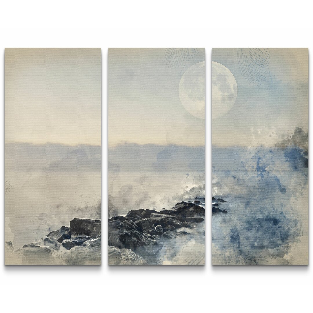 3-tlg. Leinwandbilder-Set Landschaftsbild mit Mond, Bergen und See - Wasserfarbe