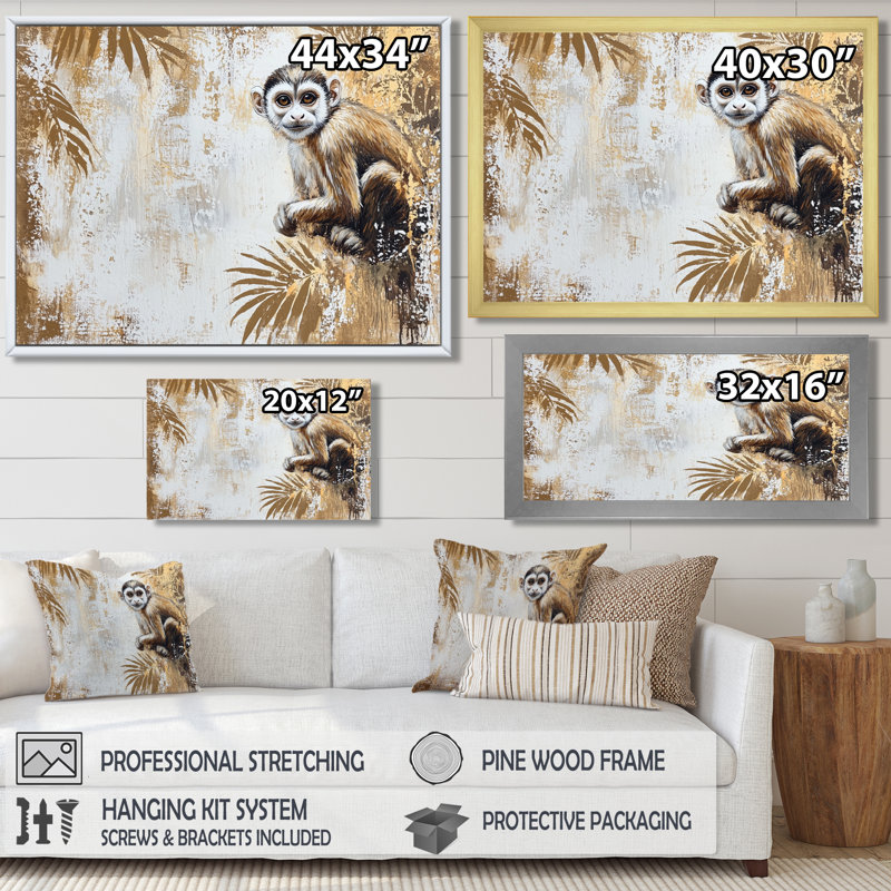 «Playful Monkey Primer In The Jungle IV - Monkey Wall Art Living Room», H 12 po x l 20 po, Noir