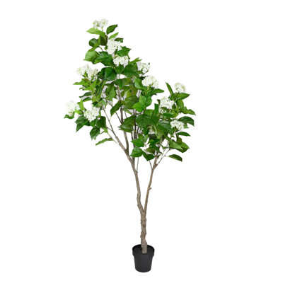  Artificial Hydrangea Tree – Faux White Flowering Tree With Weighted Pot, Maintenance-Free Floor Décor For Living Room, Entryway, Office & Apartment, 7.5" Diameter & 82" Tall