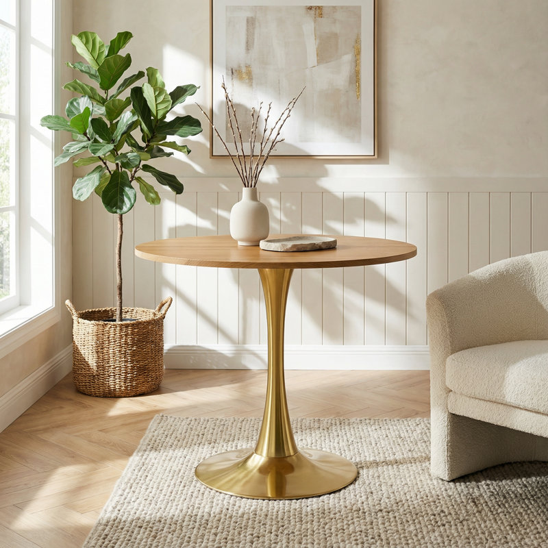 Table de salle à manger moderne à piédestal ronde avec un design peu encombrant et un plateau en bois d'ingénierie durable pour les petites cuisines, les coins repas et les appartements
