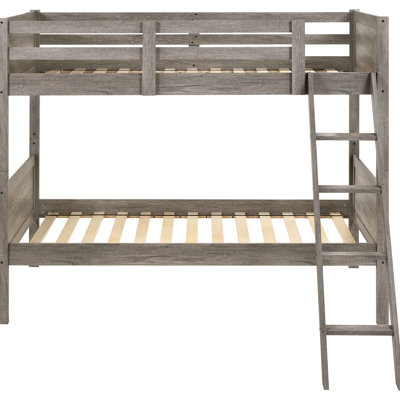 Twin Bunk Bed In Weathered Taupe, Convertible Design, , And Slatted Guardrails, Engineered Wood Bedroom Re - Connecting Taupe Over Bed, Imagining