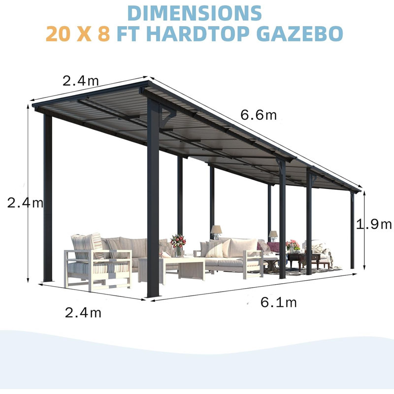 6.6m x 2.4m Aluminum Lean To Hardtop Pergola Wall Mounted Patio Gazebo