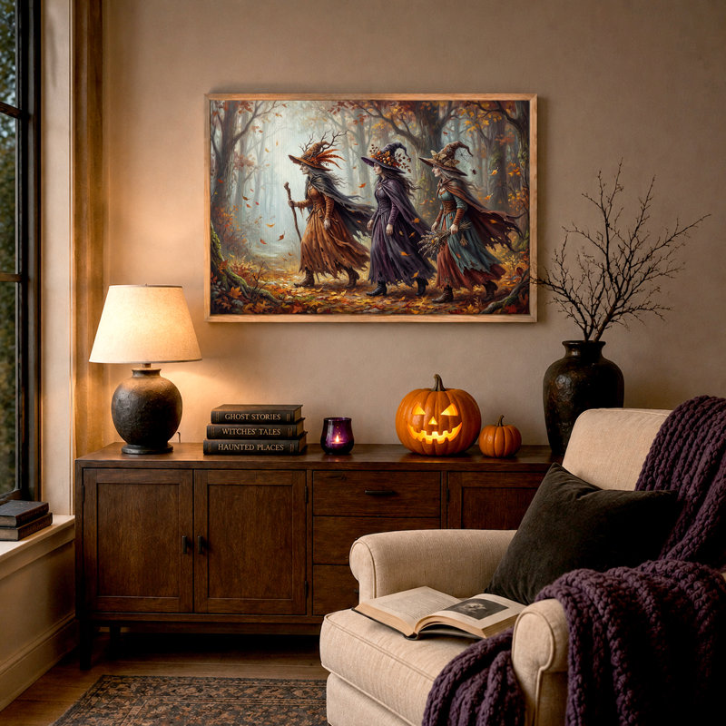 Art mural sur toile, "Trois sorcières marchant dans la forêt d'automne", 24"H x36"W