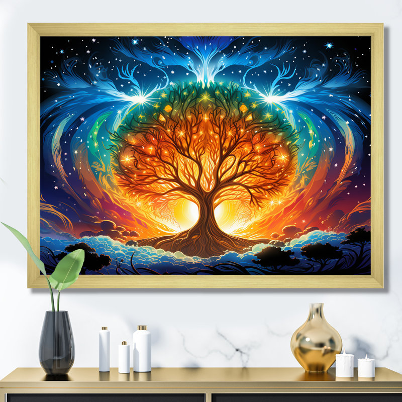 Arbre de vie bleu et orange - art mural arbre, Cadre doré à coins fermés, H 12 po x l 20 po x P 1 po