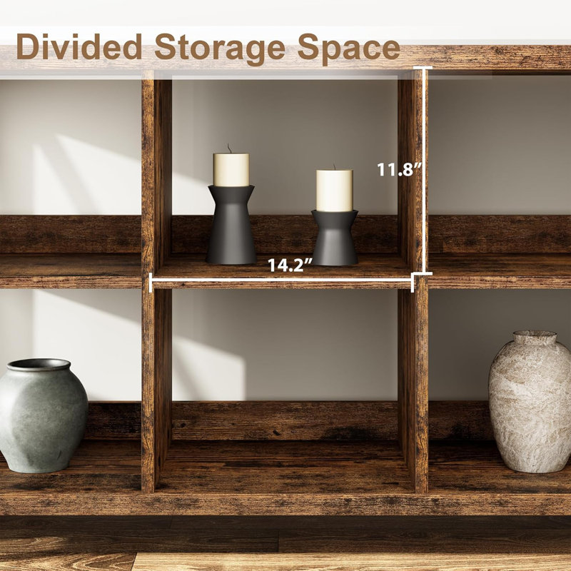 Geron 62" Extra Long Industrial Console Table Sofa Table, 8 Cube Storage Organizer Bookcases, 3 Tier Farmhouse Console Table