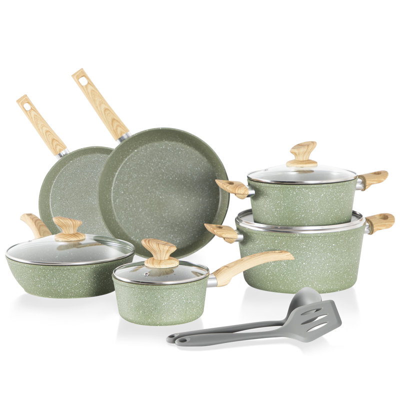 Ensemble de 12 casseroles et poêles à induction antiadhésives en granite noir, Vert