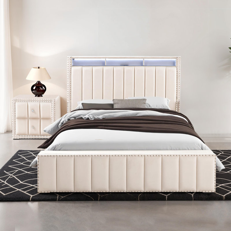 Ozara 2-Piece Bedroom Set With Charging Stations, Beige, Full, 2 Pieces: Bed, Nightstand