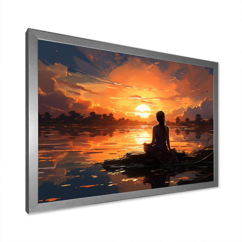 «Orange Black Yoga At Sunset I», reproduction d'art sur toile, H 24 po x l 32 po x P 1 po, Argent