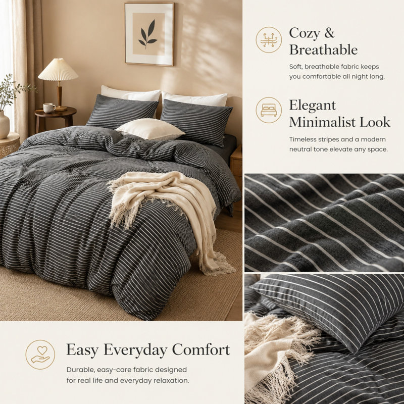Premium Reversible Duvet Cover Set with Zipper Closure and Corner Ties, King Duvet Cover  + 2 Standard Pillowcases