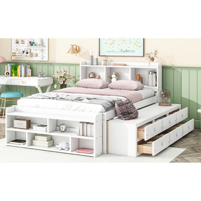 White Full Bed Including Headboard Bookcase, Under - Storage Case With Bookcase Headboard, Drawers & End