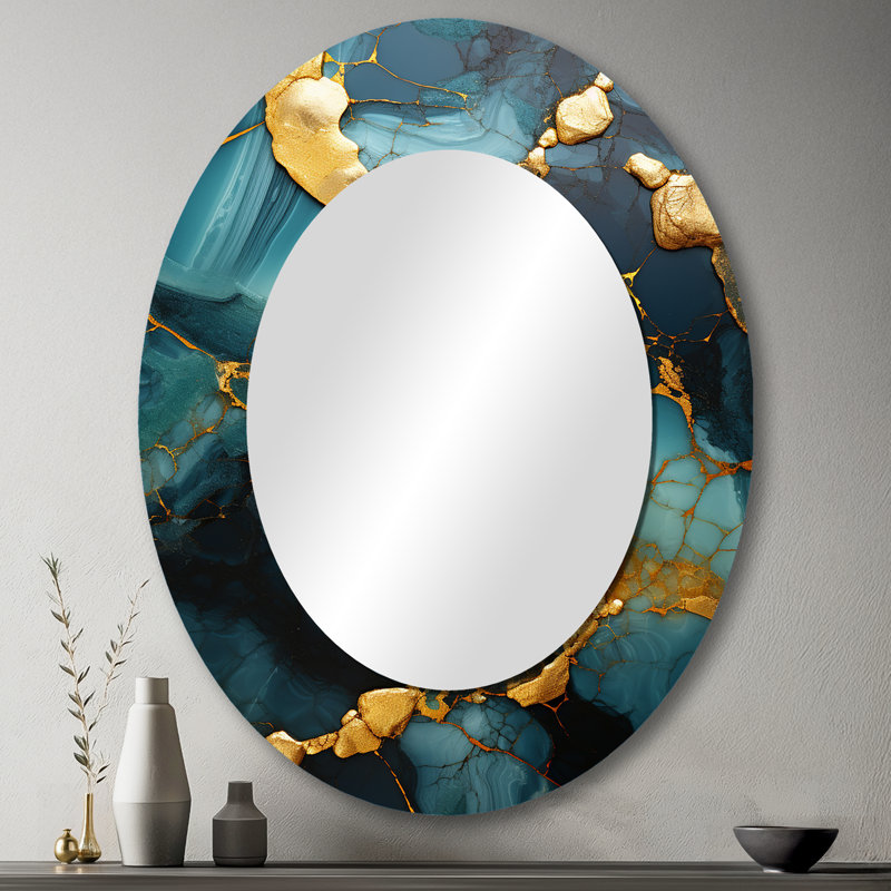 Or et vert topaze agate granit IV - décor de miroir mural ovale doré, H 43 po x l 33 po