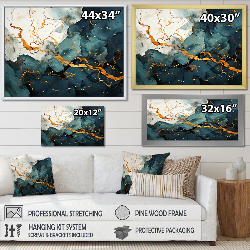 Décoration murale en marbre doré et vert abstrait Aura I, Cadre doré à coins fermés, H 12 po x l 20 po x P 1 po