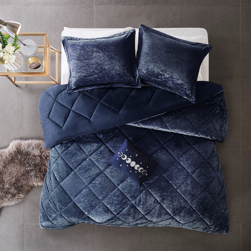 Édredon en velours bleu marine, Édredon double, 2 taies décoratives et 1 coussin, Marine