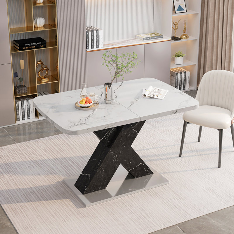 Table de salle à manger moderne, Blanc imprimé, Noir marbré