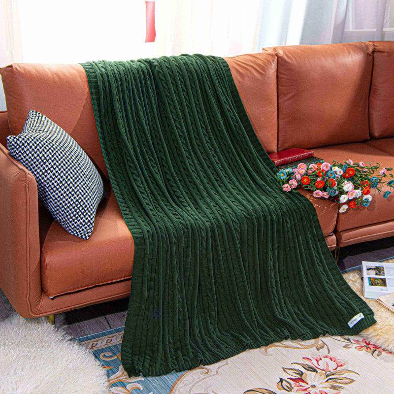 Couverture en coton tricoté , Vert foncé, L 80 po x l 60 po