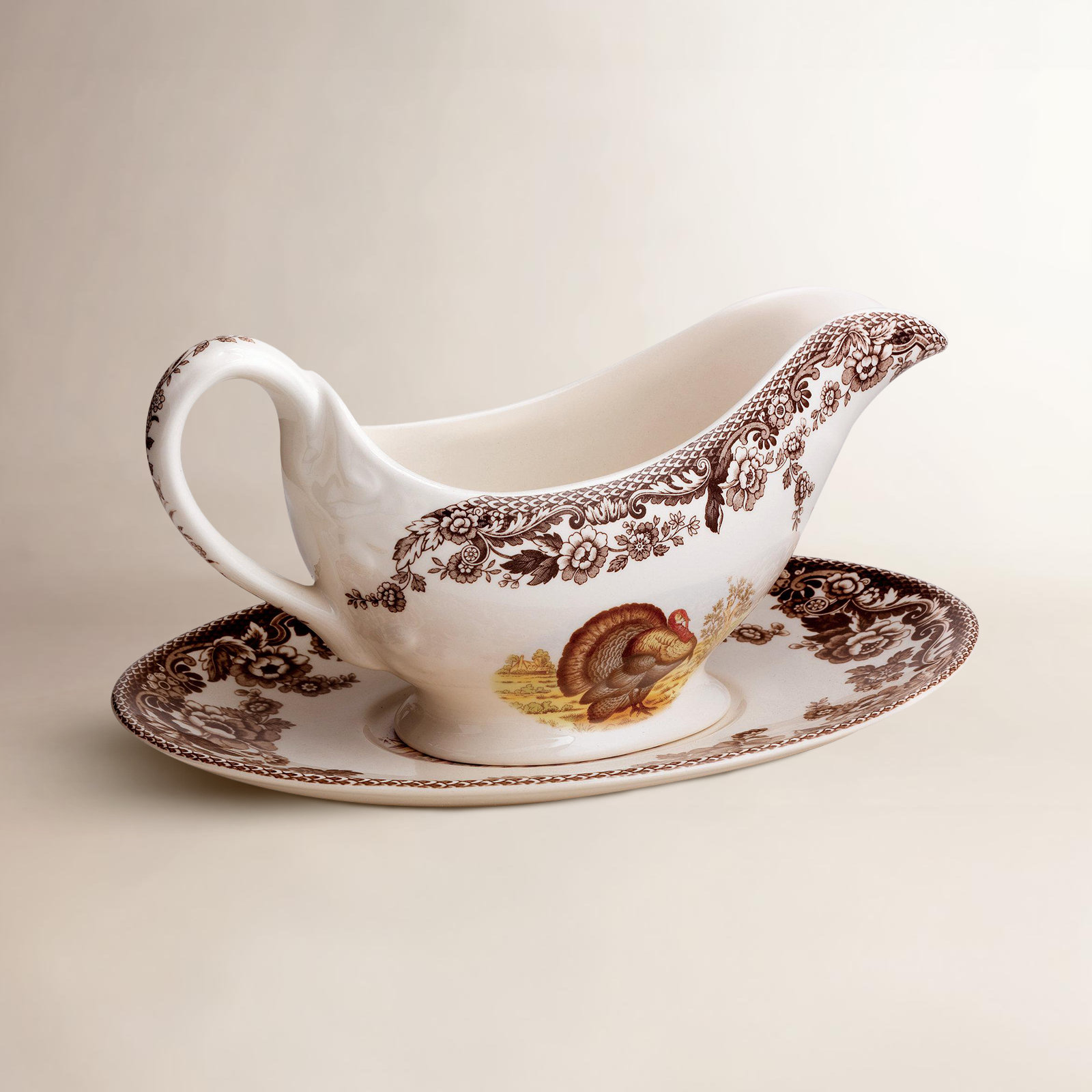 Spode Woodland Turkey Sauce Boat & Stnd 11 Oz Turkey