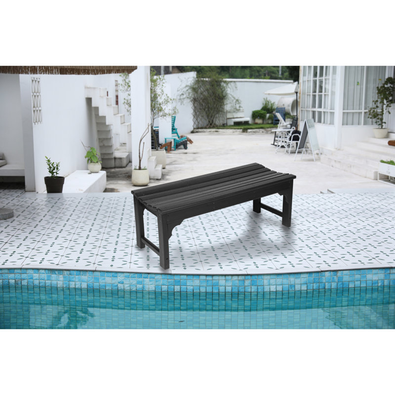 Backless HDPE Adirondack Bench With Wood Texture, Poly Lumber Seat For Patio, Backyard, Balcony, All Weather Resistant With UV Protection, Black