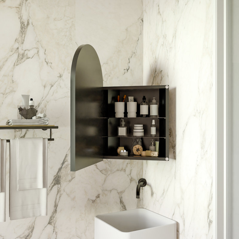 18X24 Inch Matte Black Metal Corner Medicine Cabinet With Arched Mirror For Small Bathroom Storage And Space In Setups Limited Space Organization