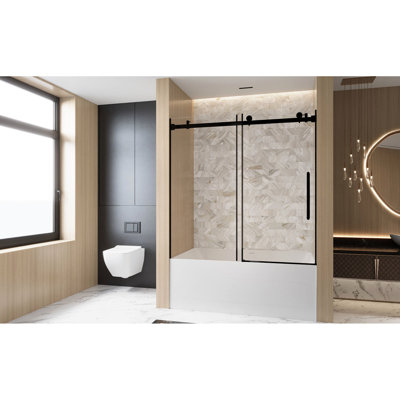 Matte Black Single Sliding Shower Door, 56 - 60 "W X 60" H, 6Mm Clear Tempered Glass, Proof Film, Stainless Steel Handle, Square Tube Track, American Bathroom Design, Large Wheels For Smooth And