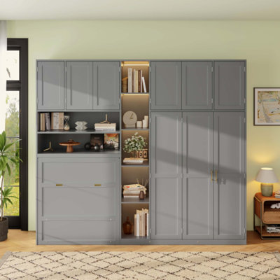 Murphy Cabinet Bed with Wardrobe & Storage Shelves, 5-Tier LED Display Shelves, Overhead Cabinets