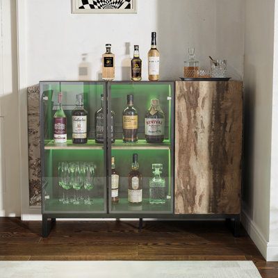 Bar moderne avec porte et rangement en verre à DEL - ouverture par pression, l 47,2 po