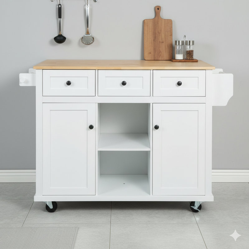 Chariot de cuisine avec surface rabattable en bois d'hévéa, supports de rangement internes derrière les portes de l'armoire, roulettes sur 5 roulettes avec armoire de rangement et 3 tiroirs - conçu pour la salle à manger, finition blanche