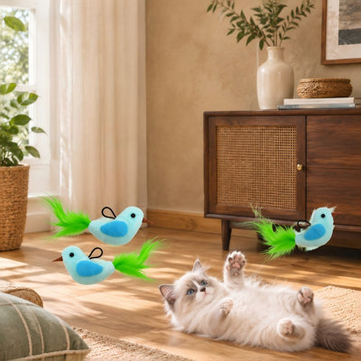Rechargeable automatic operation powers this hanging flying-bird feather wand for indoor cats; it is described as durable and safe and intended for chase exercise, enrichment, and play by bored kittens & adult cats.