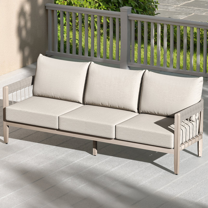 3-Seater Aluminum Patio Conversation Sofa with Thick Cushions and Wood-Grain Finish, Beige