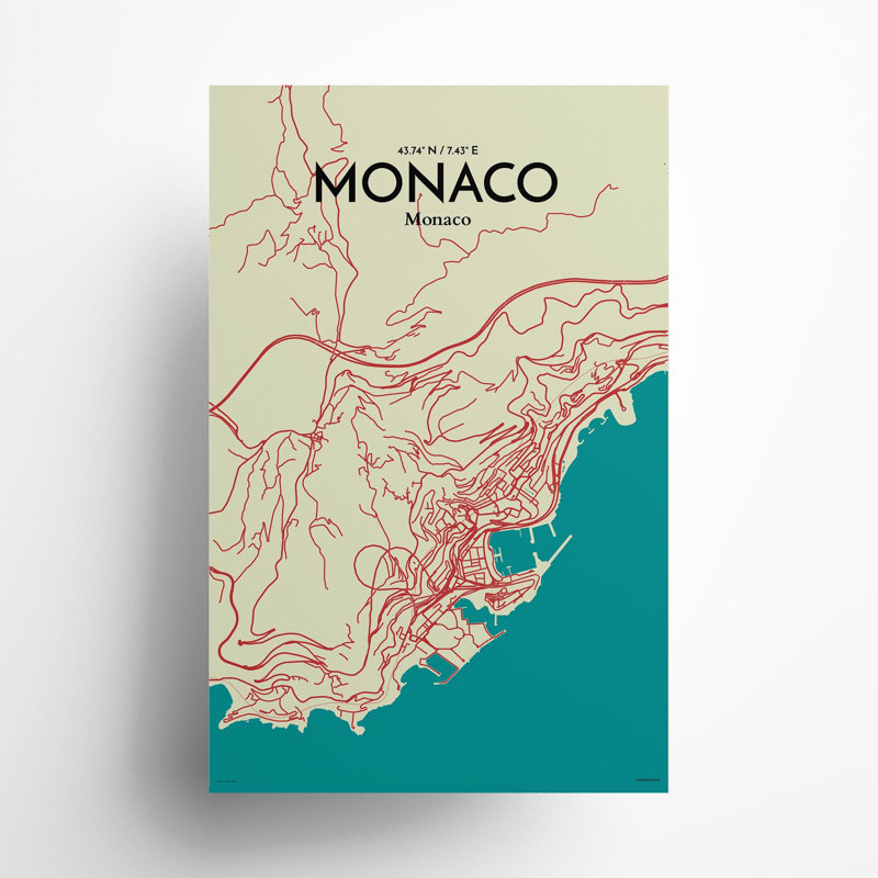 Monaco City Map In Tricolour - No Frame Print, 17cm H x 11cm W x 0.05cm D