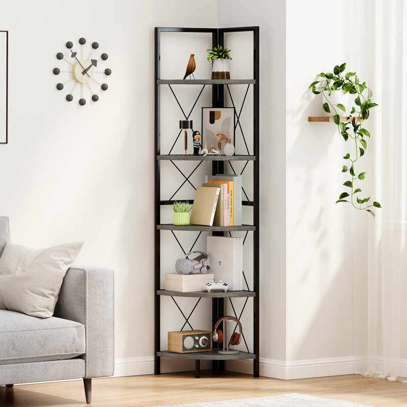 5-tier Corner Display Rack Corner Ladder Bookshelf w/ Sturdy Metal Frame, Oak/Black