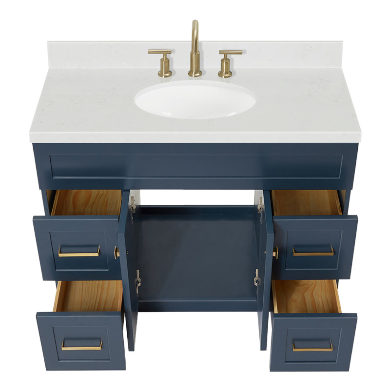 Abell 42.25'' Bathroom Vanity with Carrara Quartz Top, Midnight Blue
